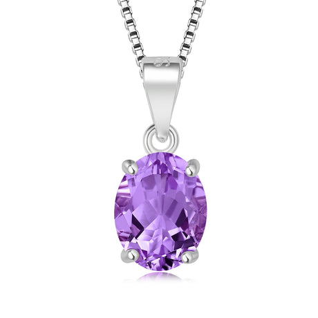 Purple gemstone pendant on a silver chain against a white background
