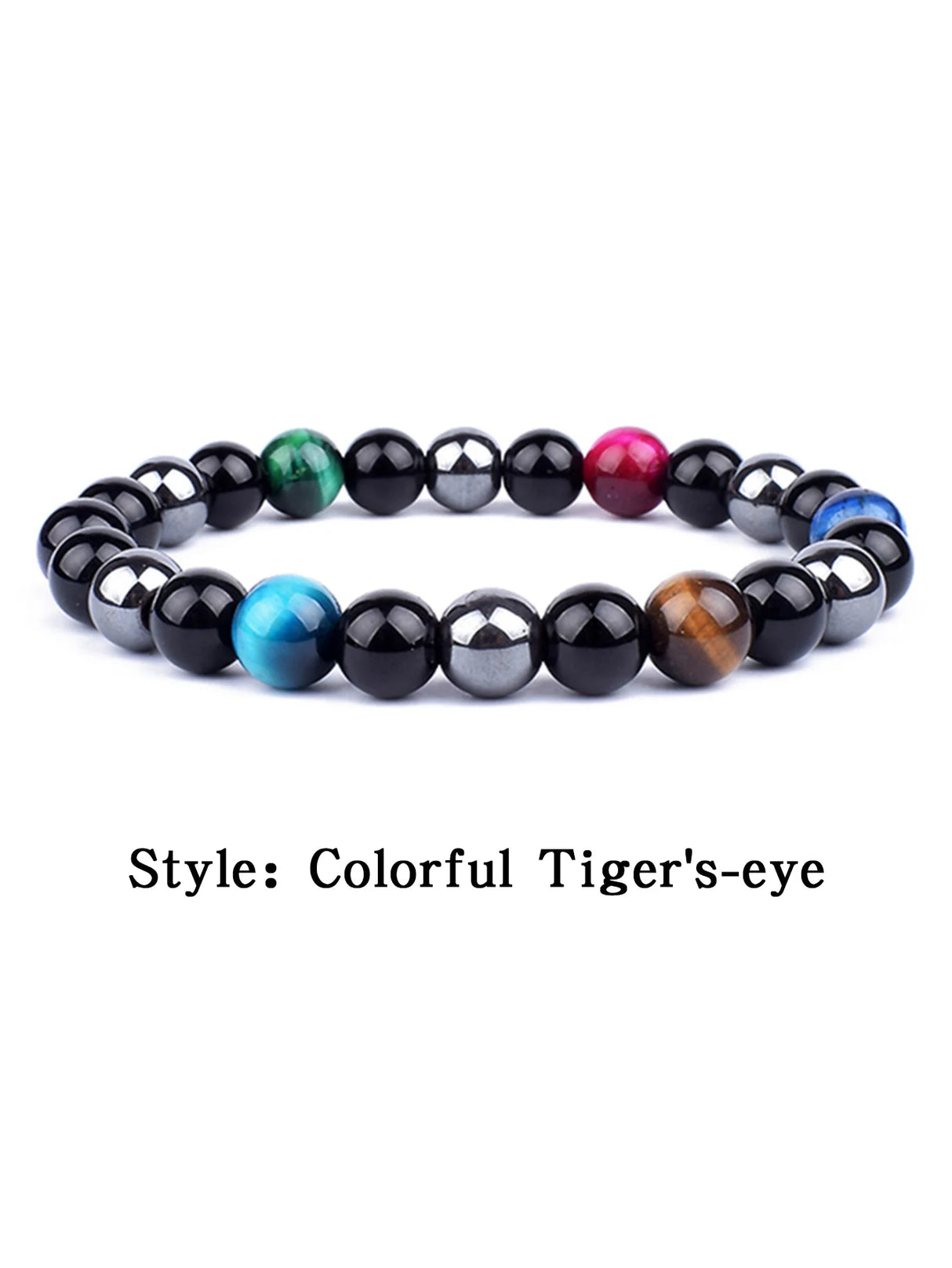Colorful tiger's-eye beaded bracelet on a white background