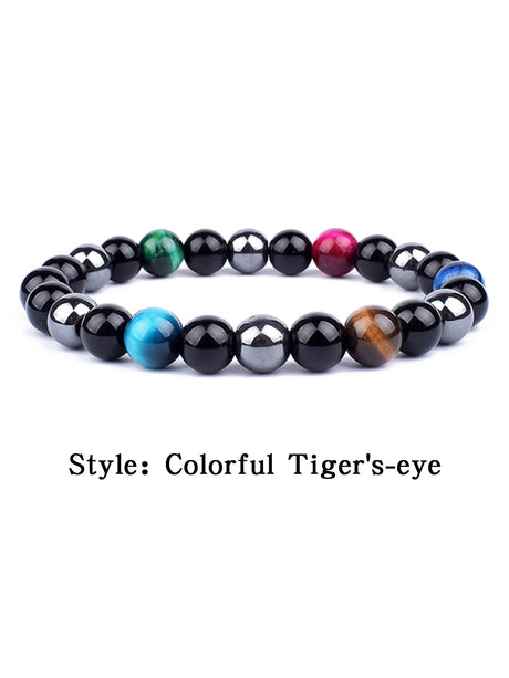 Colorful tiger's-eye beaded bracelet on a white background