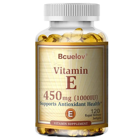 Bottle of Bcuelov Vitamin E supplement with yellow capsules on a white background