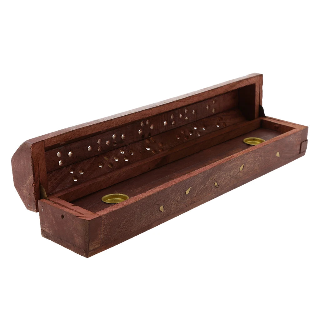 Wooden incense holder with two gold-colored bowls on a white background