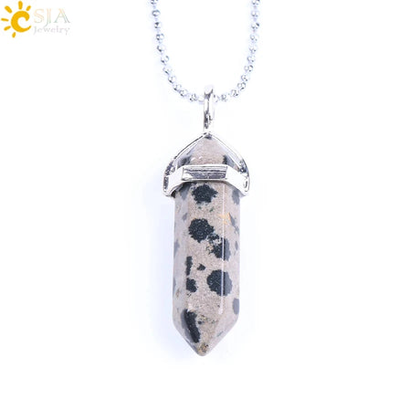 Crystal pendant necklace with dalmatian jasper on a white background