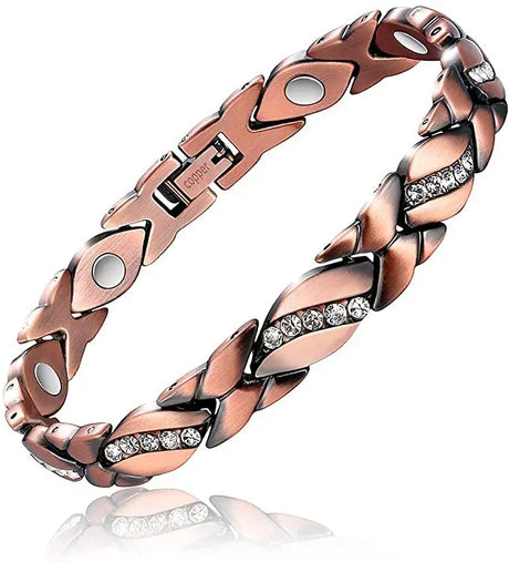 Rose gold bracelet with diamond-like stones on a white background