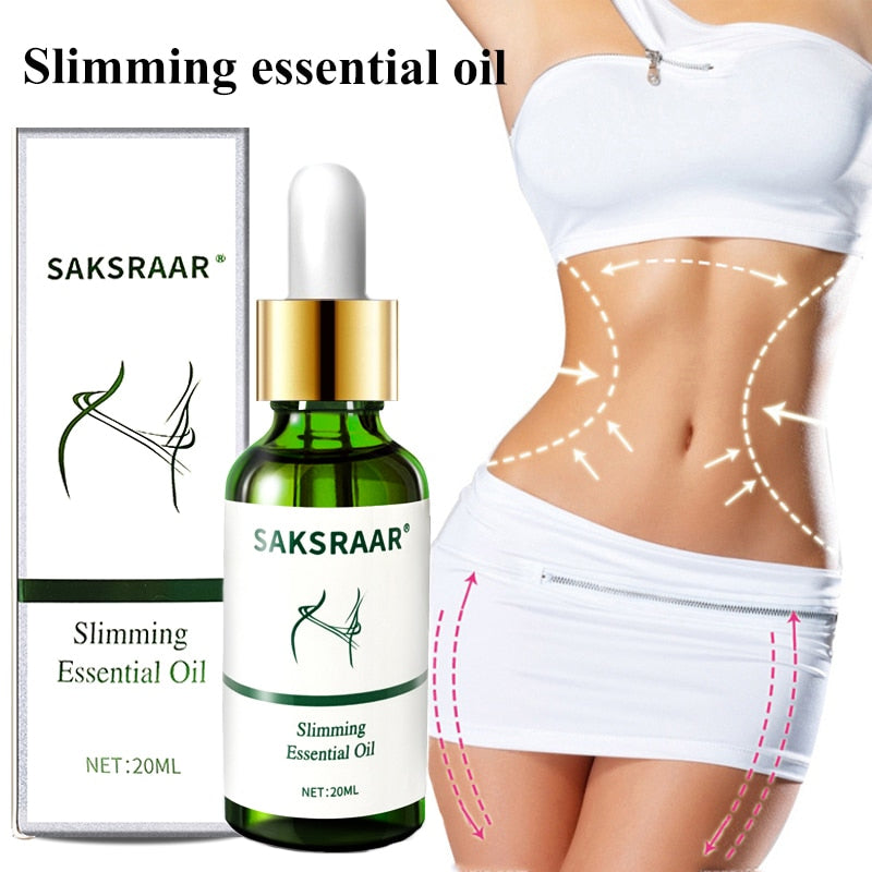Saksraar slimming essential oil bottle and packaging with a person showing a before-and-after diagram.