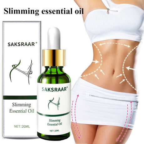 Saksraar slimming essential oil bottle and packaging with a person showing a before-and-after diagram.