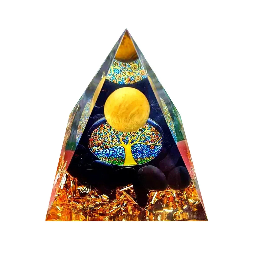 Triangular pyramid with colorful design and tree of life symbol on a white background