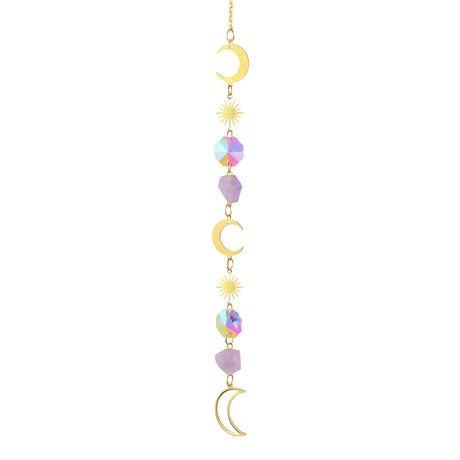 Decorative hanging chain with moon and sun shapes and colorful beads on a white background