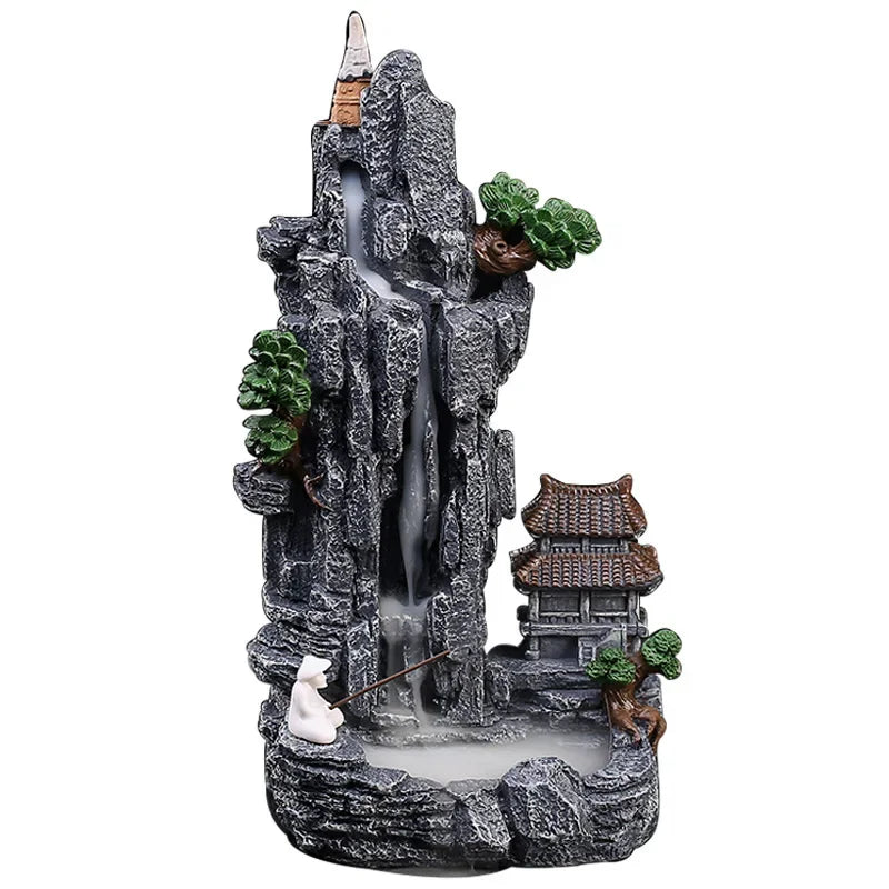 Decorative waterfall scene with rocks, trees, and a pagoda on a white background