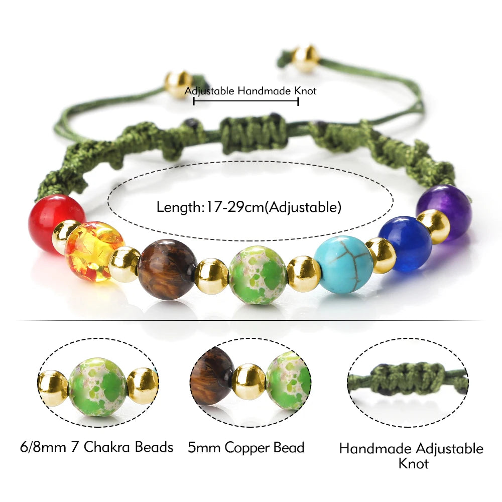 Colorful beaded bracelet with adjustable knot on a white background