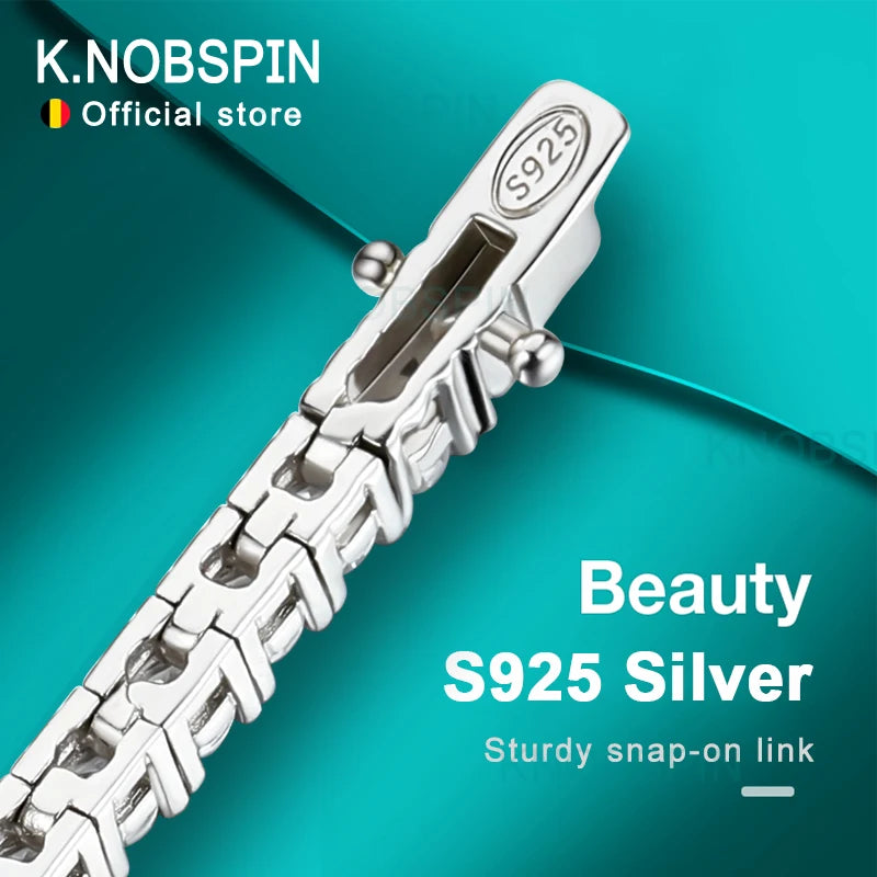 Silver bracelet with 'S925' stamp on a teal background, featuring K.NOBSPIN branding.