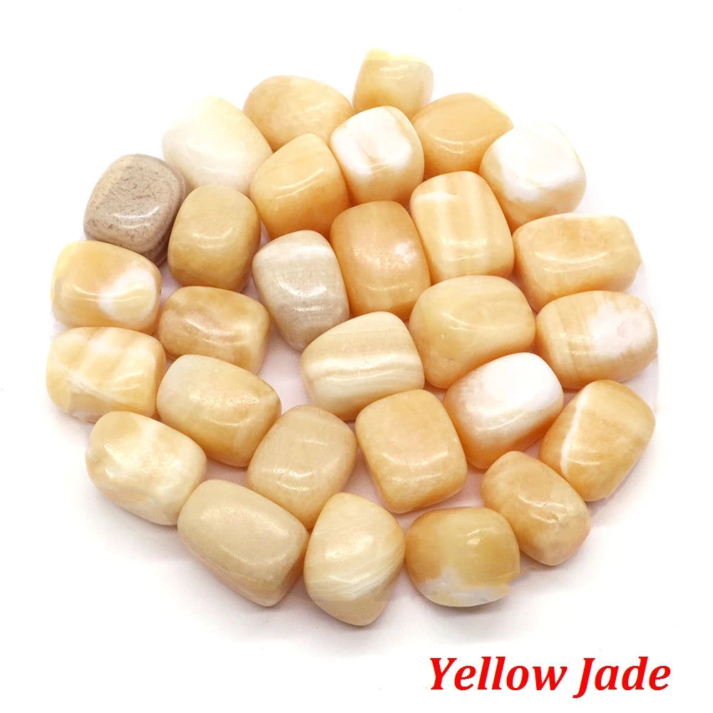 Yellow jade stones on a white background with 'Yellow Jade' text.