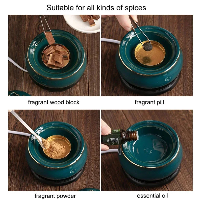 Teal ceramic warmer being used with various spices on a wooden surface.