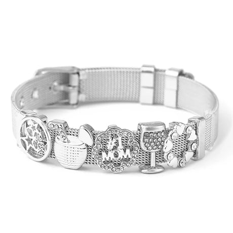 Silver dog collar with decorative charms on a white background