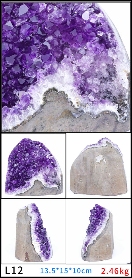 Amethyst geode with cross-section and multiple views on a white background