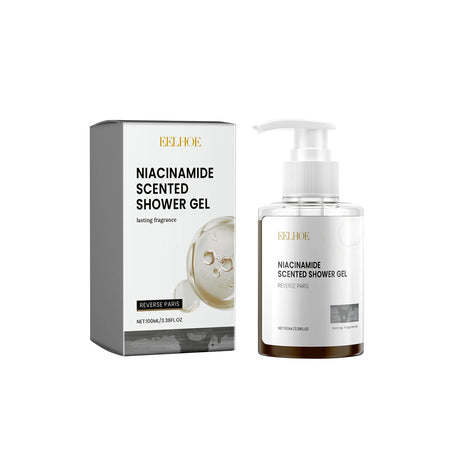 Bottle and packaging of EELHOE Niacinamide Scented Shower Gel on a white background
