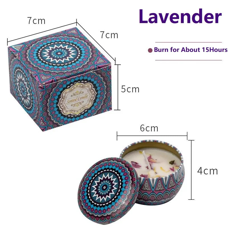Candle in a decorative tin with dimensions and product details on a white background