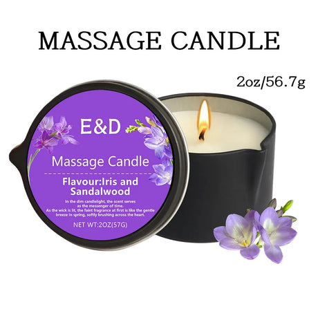 Massage candle with purple label and E&D branding on a white background
