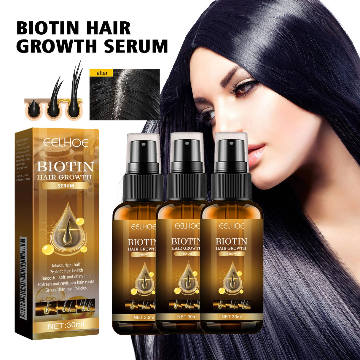 Biotin hair growth serum with packaging and a woman with long black hair.