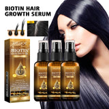 Biotin hair growth serum with packaging and a woman with long black hair.