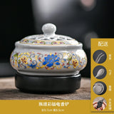 Decorative ceramic incense burner with floral designs on a dark background