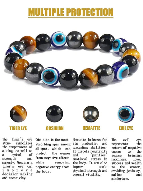 Multicolored beaded bracelet with tiger eye, obsidian, hematite, and evil eye stones on a white background.
