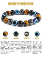 Multicolored beaded bracelet with tiger eye, obsidian, hematite, and evil eye stones on a white background.