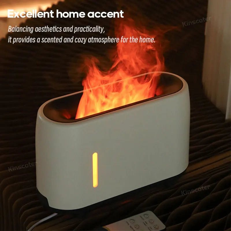 White electronic device with flame effect on a dark background, labeled as 'Excellent home accent'.