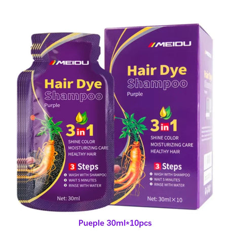 MEIDU Hair Dye Shampoo packaging for purple hair color on a white background