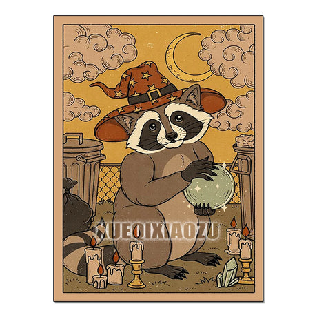 Illustration of a raccoon in a witch hat with candles and a crystal ball on a vintage-style background.