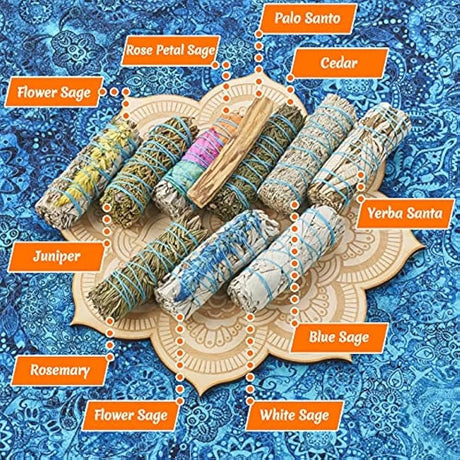 Set of smudge sticks with labels on a blue patterned background
