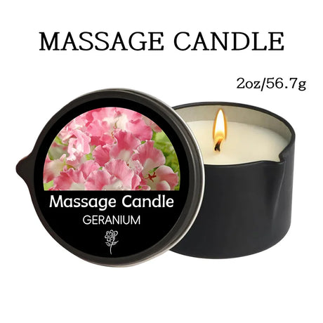 Massage candle with 'Geranium' fragrance and black lid featuring floral design.