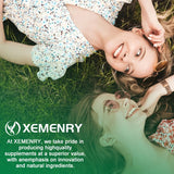 Two women lying on grass with Xemenry branding and product description.