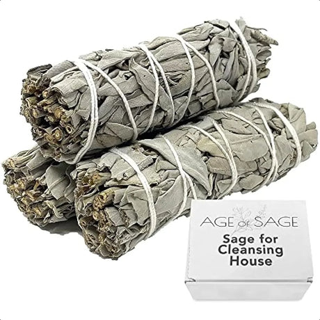 Two bundles of sage tied together with a 'Age of Sage' packaging label on a white background.