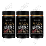 Three bottles of Zynera Maca + Panax Ginseng dietary supplements on a white background.