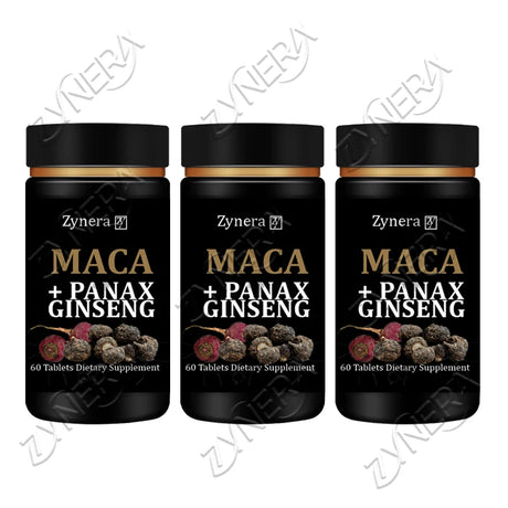 Three bottles of Zynera Maca + Panax Ginseng dietary supplements on a white background.