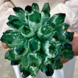 Close-up of a green crystal formation held by a person