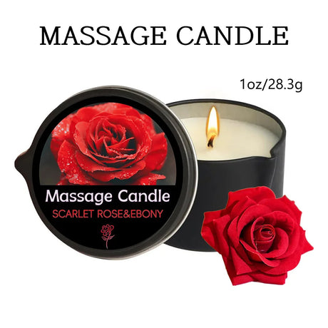 Massage candle with a red rose design on the packaging, featuring a lit candle and a red rose.