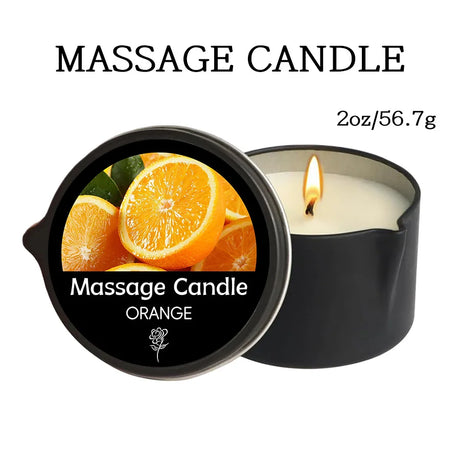 Massage candle with orange slices on the lid and 'Massage Candle Orange' text.