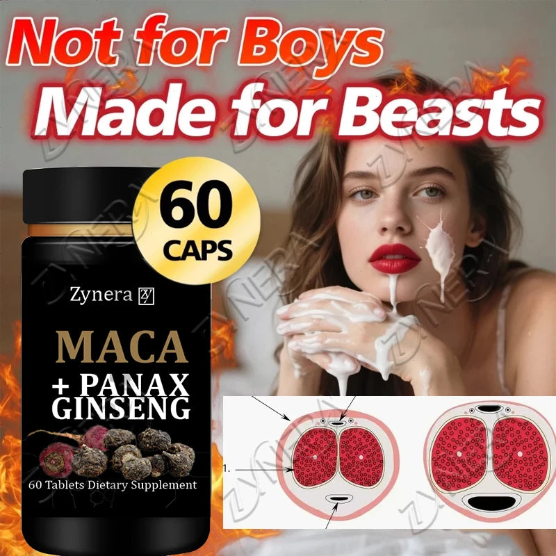 Supplement bottle labeled 'Maca + Panax Ginseng' with text 'Not for Boys Made for Beasts' and a woman applying cream.