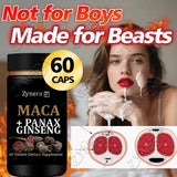 Supplement bottle labeled 'Maca + Panax Ginseng' with text 'Not for Boys Made for Beasts' and a woman applying cream.