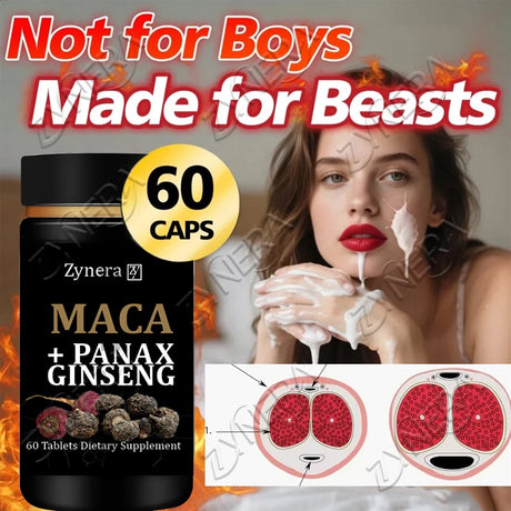 Supplement bottle labeled 'Maca + Panax Ginseng' with text 'Not for Boys Made for Beasts' and a woman applying cream.