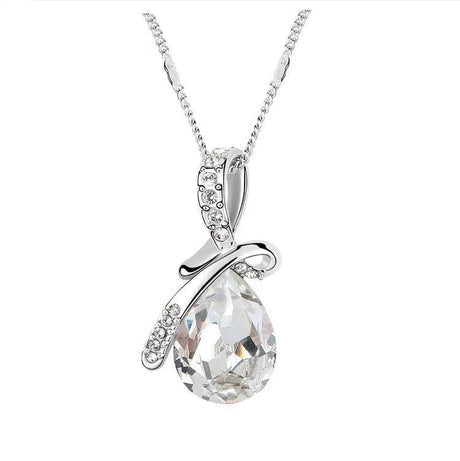 Silver necklace with a teardrop-shaped crystal pendant on a white background, featuring the brand 'Giemi'.