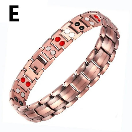 Rose gold bracelet with red and white accents on a white background