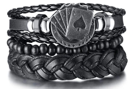 Black braided leather bracelet with metal emblem on a white background