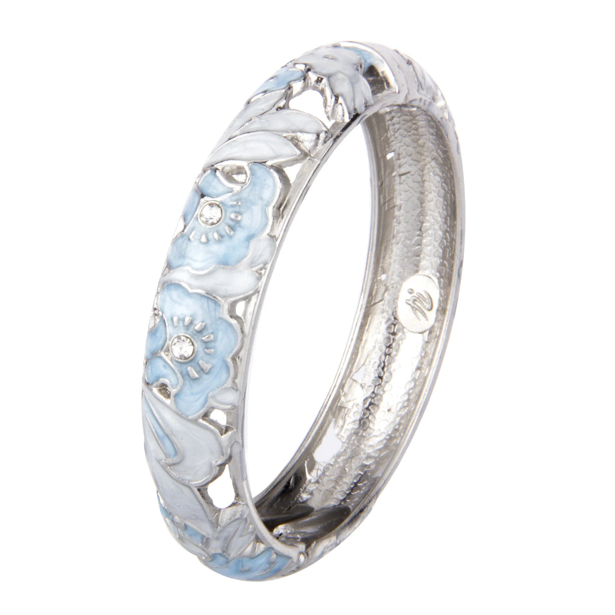 Silver ring with blue floral designs on a white background