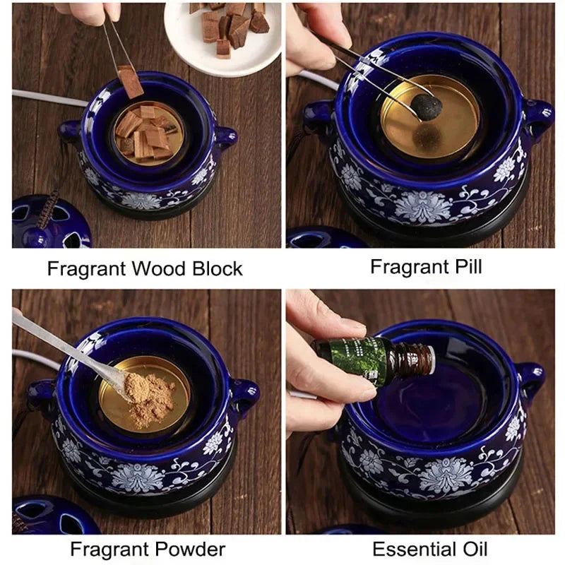 Collage of using fragrant wood block, pill, powder, and essential oil in a blue ceramic container.