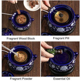 Collage of using fragrant wood block, pill, powder, and essential oil in a blue ceramic container.