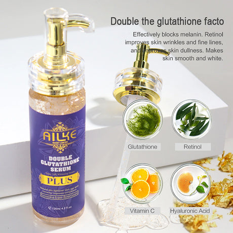 Ailke Double Glutathione Serum Plus bottle with ingredients displayed on a white background