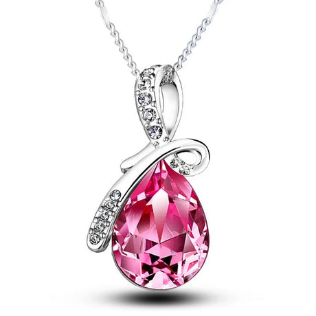 Pink teardrop pendant necklace with silver chain on a white background, featuring the brand 'Giemi'.