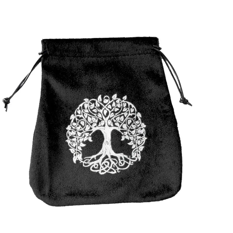Black drawstring bag with a white tree of life design on a white background